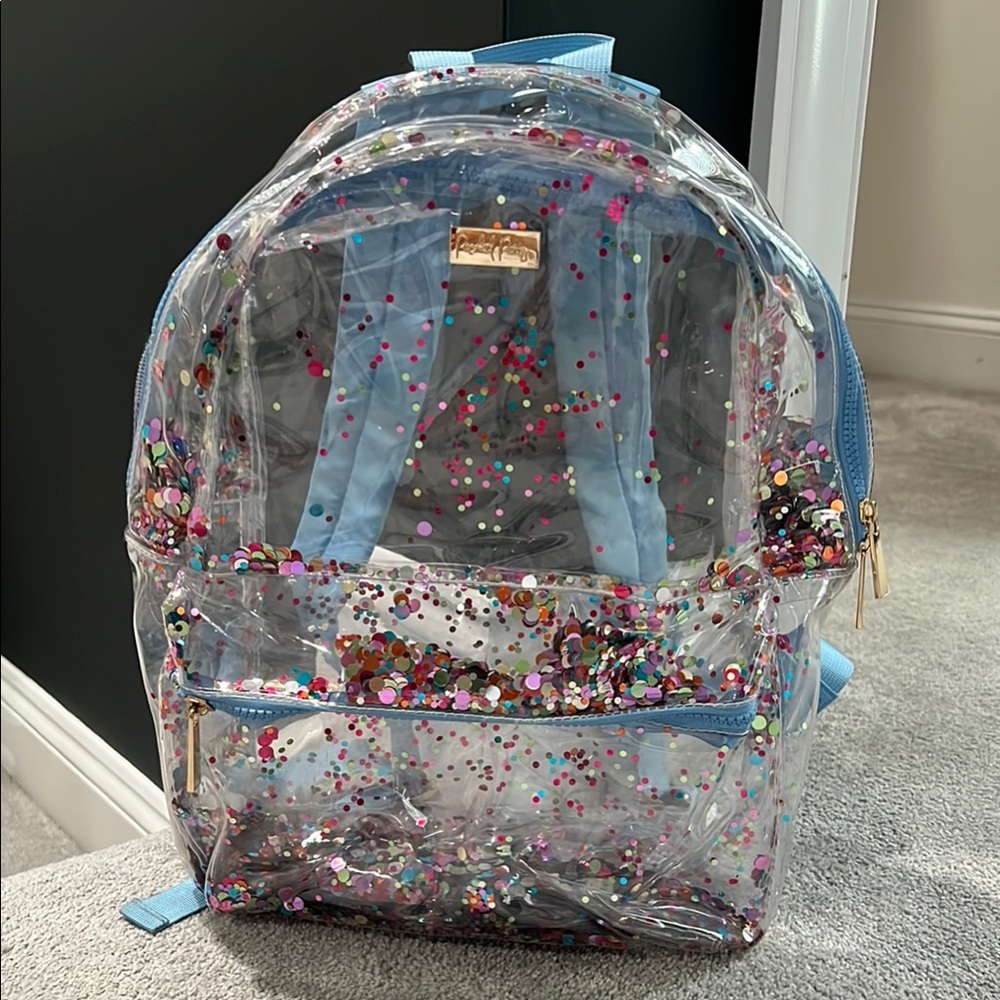 Packed Party Clear Backpack with Multicolor Glitter EUC